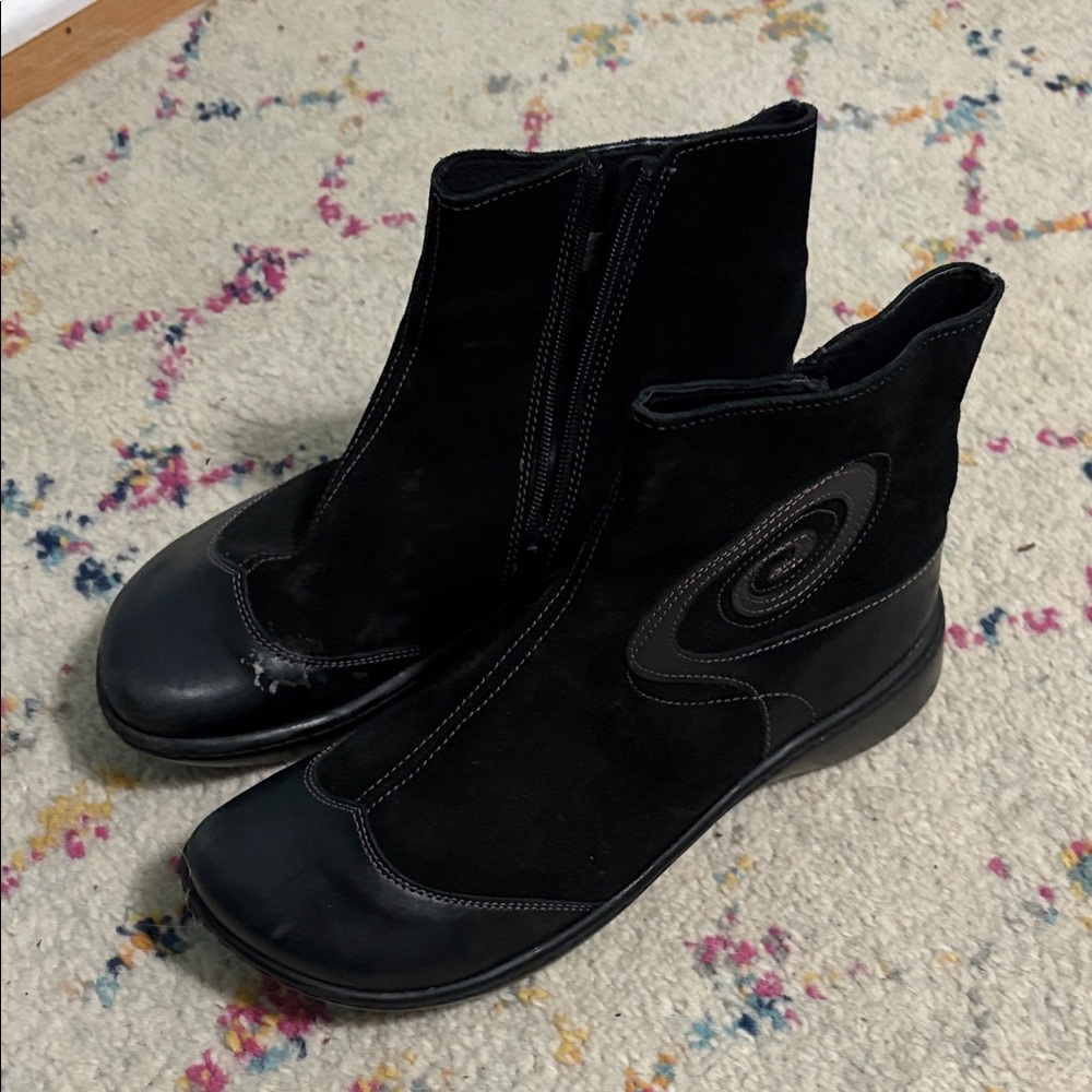 Naot Black Suede and Leather Ankle Booties with Spiral Stitch